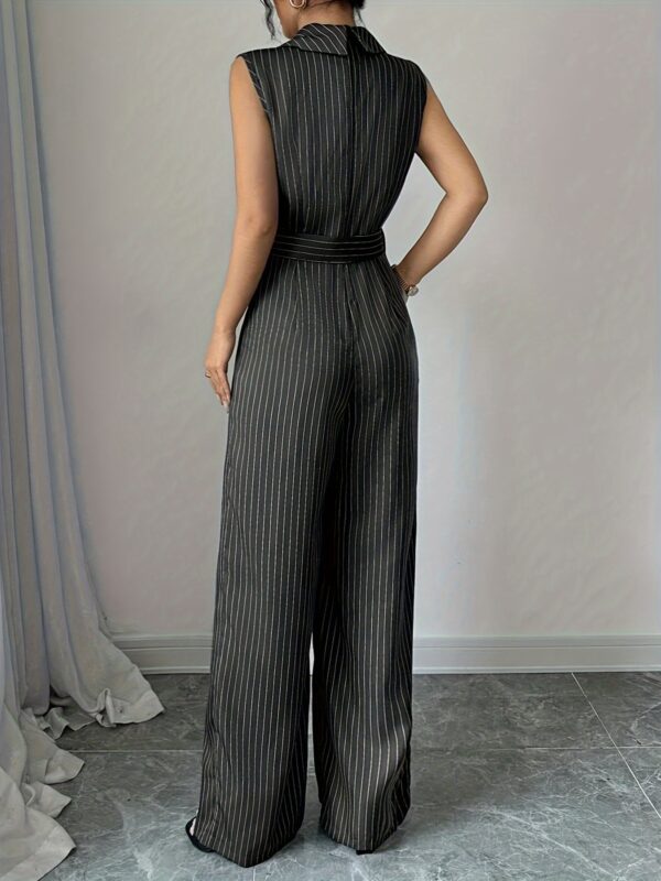 Elegant Striped Sleeveless Jumpsuit for Women - V-Neck, Belted Waist, Wide-Leg Pants, Casual Yet Chic Summer Outfit, White with Black Stripes, Belted Waist Jumpsuit - Image 7