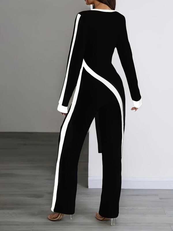 Women'S Elegant Black and White Striped Long Sleeve Jumpsuit with Wide Legs - Polyester, Asymmetrical Design, Perfect for Spring/Fall, Casual to Formal Wear, Casual Attire|Asymmetrical Jumpsuit|Polyester Fabric - Image 9