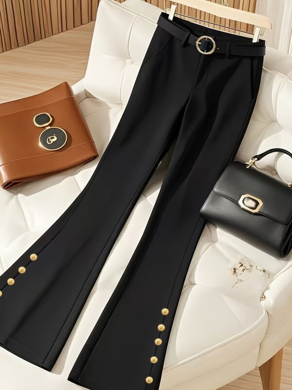 Women's High-Waisted Wide-Leg Pants with Belt Loops & Pockets - Stretchy Casual Trousers, Solid Black, Machine Washable, All-Season Comfort for Casual Attire, High Waist Pants, Comfortable Fashion, Smooth Texture Fabric
