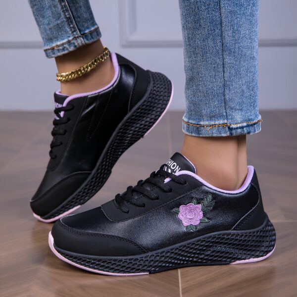 Women'S Black Sneakers with Pink Rose Embroidery - Lightweight, Soft Sole, Comfortable Lace-Up Low Top Sneakers, All-Season Outdoor Shoes, Stabilizing Support, Microfiber Leather Upper, EVA Sole, Fabric Lining, Allseason Sneakers | Rose Embroidery Sneakers | Comfortable Footwear - Image 6