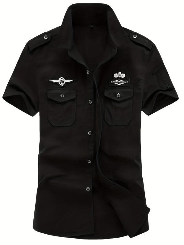 [Retro Look] Men's Lightweight Cotton Cargo Shirt - Short Sleeve, Button-Up, Casual Outdoor Shirt with Patches, Navy Blue, Retro Style, Summer Wear, Outdoor Casual Wear | Militaryinspired Design | Pure Cotton Fabric - Image 4