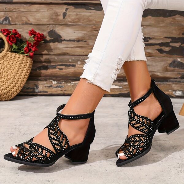 Women's Comfortable Mid-Heel Sandals - Versatile Open-Toe Design with Back Zipper, Chunky Heel & Cut-Out Patterns, Perfect for Hot Summer Days, Black & Beige Options, Durable Rubber Sole, Strappy Sandals - Image 4