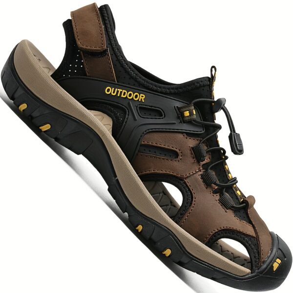 Men'S Premium Leather Sandals - Closed Toe Fisherman Style, Black/Brown/Gray, Summer Flip Flops & Hiking Shoes with Elastic Strap, Rubber Sole, and Comfortable Fabric Lining for Casual Outdoor Wear