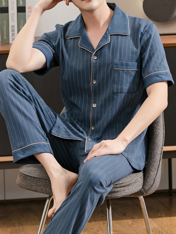 2 Pcs Men's Simple Navy Blue Stripe Print Lapel Collar Short Sleeve & Trousers Cotton Pajama Set, Comfortable & Skin-friendly Style Pajamas For Men's Cozy Loungewear - Image 3