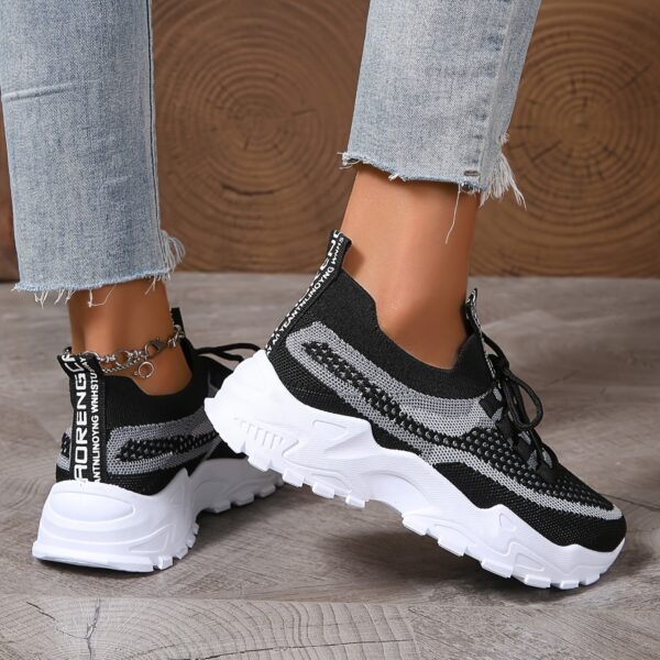 Women's Fashion Breathable Mesh Sneakers - Comfortable Low-Top Casual Lace-Up, Thick Sole Sneakers in Black/White, Beige/Grey, and Blue/Pink, Geometric Pattern, All-Season Wear - Image 11