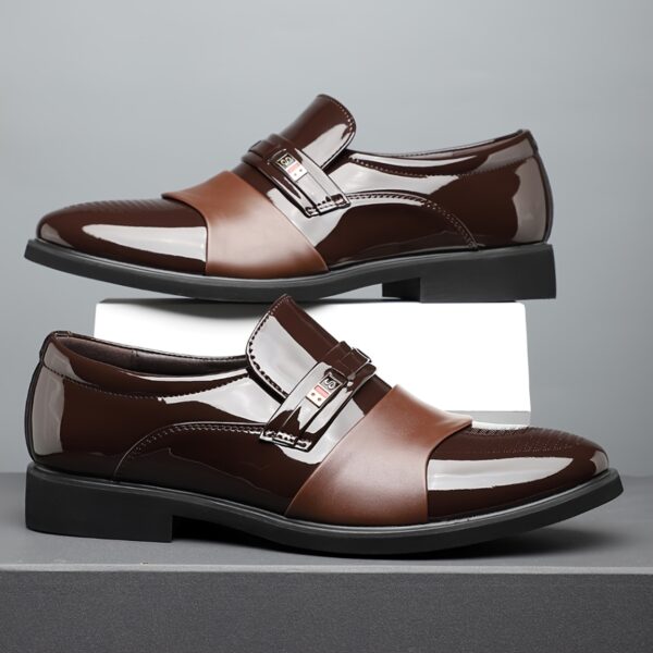 Men's Business Casual Slip-On Dress Shoes - Black & Brown, Pointed Toe, Double Monk Strap, Crocodile Texture Sole, Rubber Sole for Weddings, Office & Casual Attire, Wedding Footwear, Sophisticated Shoe Design - Image 3