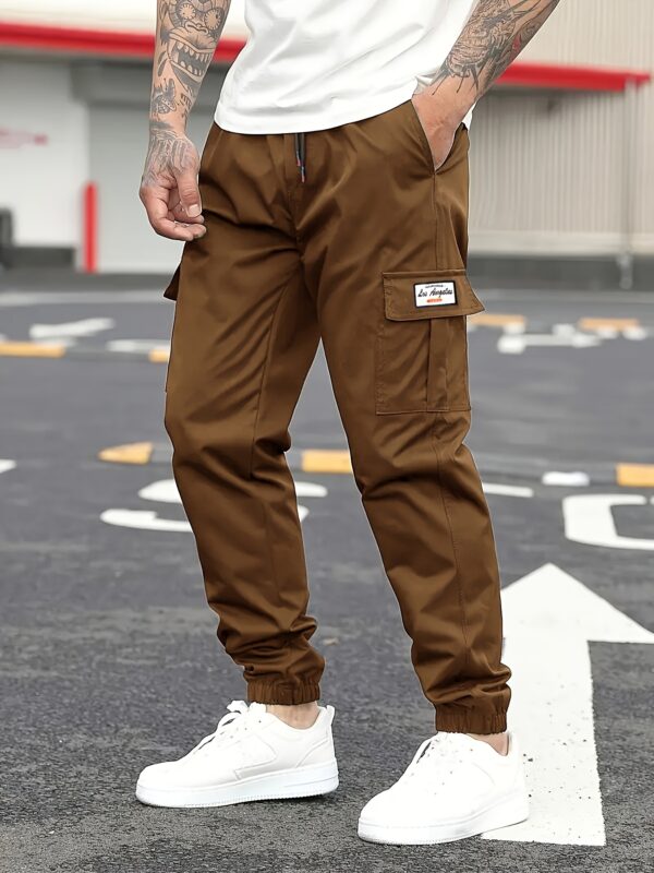Men'S Casual Solid Color Cargo Pants, Multi-Flap Pocket Drawstring Trousers, Loose Fit Outdoor Work Pants, Streetwear Hip-Hop Style, 100% Polyester, Non-Stretch Woven Fabric, 190gsm - Regular Fit - Image 7