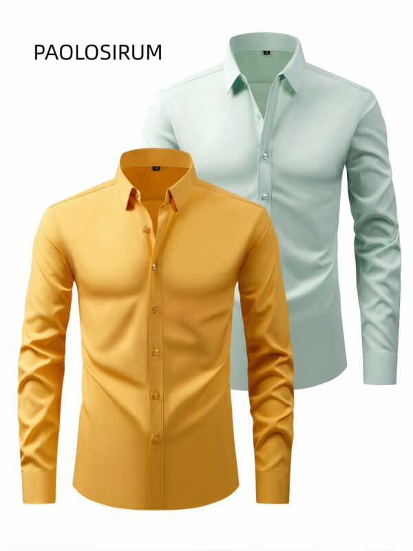 Two-Piece Set of Men'S Solid Color Elastic Shirts Ice Sliky Fiber Fabric Cool Shirts Breathable And Comfortable Business Casual Two-In-One Collar European And American Tops Men'S Clothing Multi-Color Optional Convenient Washing - Image 3