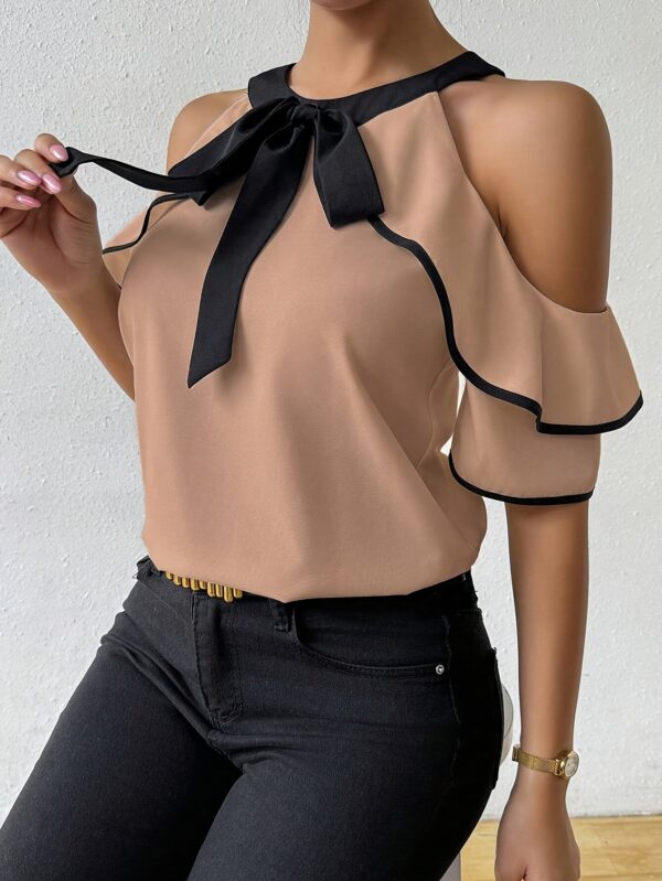 Elegant Off-Shoulder Bow Blouse for Women - Chic Solid Color Polyester Top, Perfect for Summer, Adds a Stylish Touch to Your Outfit