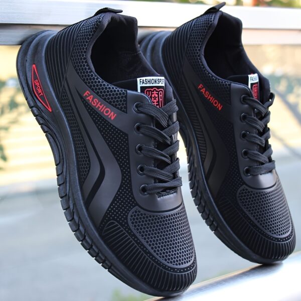 Men's Sneakers - Low-Top Running Sneakers with Cushioned Rubber Sole, Lace-Up Gym Shoes for Gym, Jogging, Everyday - Black PU Upper & Non-Slip Outsole - Lightweight Stability for Casual & Athletic Wear, Jogging Footwear, Sleek Sneaker Design, Breathable Interior Lining - Image 2