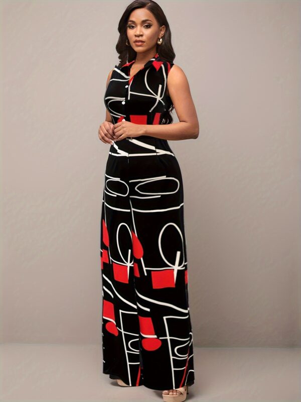 Women'S Elegant Orange & Black Geometric Print Jumpsuit with Belt - Stylish Wide-Leg Pants, High Neck, Long Sleeve, Perfect for Parties & Formal Events, Formal Attire|Geometric Print Jumpsuit|Polyester Fabric - Image 7