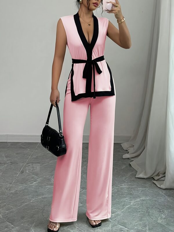 2pcs Elegant Women'S Sleeveless Crop Top & Wide-Leg Pants Set - Black & White Contrast, V-Neck Waistcoat with Belt, Perfect for Spring/Summer, Stylish Accessories|Contrast Detailing|Vneck Top, Ladies Fashion - Image 3