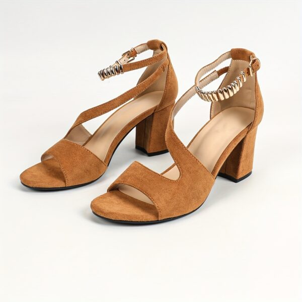 Ladies Solid Color Block Heel Open Toe Buckle Strap High Heel Summer Sandals, All-Season, Synthetic Upper, Synthetic Inner, Rubber Sole, Synthetic Insole - Image 43