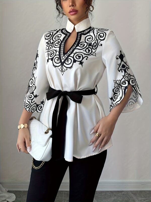 Women's Elegant Printed Loose-Fit Mid-Length Shirt with Waist Tie - Image 4