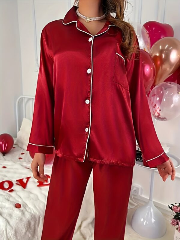 Simple Solid Satin Lounge Set, Long Sleeve Buttons Lapel Top & Elastic Pants, Women's Loungewear - Image 16