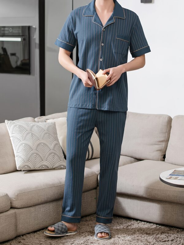2 Pcs Men's Simple Navy Blue Stripe Print Lapel Collar Short Sleeve & Trousers Cotton Pajama Set, Comfortable & Skin-friendly Style Pajamas For Men's Cozy Loungewear - Image 5