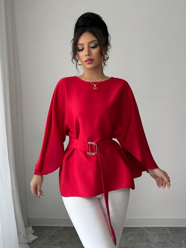 Women's French Style Batwing Sleeve Blouse with Adjustable Waist Tie - Shiny Red Round Neck Loose Fit Top, Machine Washable Elegant Shirt for Spring/Summer Casual & Formal Wear, Summer Fashion, Frenchinspired Design, Nontransparent Fabric - Image 5