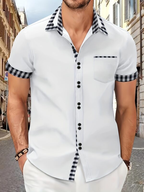 Men's Summer Short Sleeve Plaid Button Shirt with Patchwork Pockets Casual Shirt - Image 6