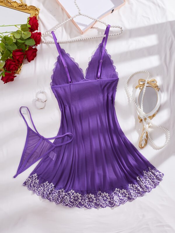 V-neck Two-Tone Lace Sheer Mesh Bow Halter Dress + Thong Set, Sexy Fashion Women's Lingerie Sleepwear - Image 8