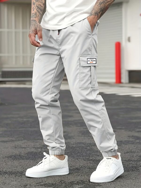 Men'S Casual Solid Color Cargo Pants, Multi-Flap Pocket Drawstring Trousers, Loose Fit Outdoor Work Pants, Streetwear Hip-Hop Style, 100% Polyester, Non-Stretch Woven Fabric, 190gsm - Regular Fit - Image 4
