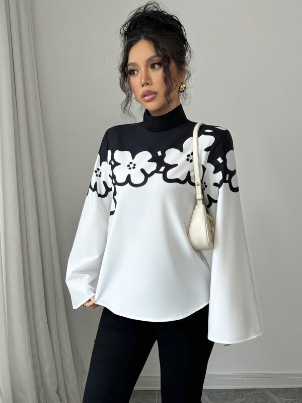 Elegant Floral Print Long Sleeve Stand Collar Shirt for Women - Polyester, Flutter Sleeve, Zipper Closure, All Seasons, Adult Size, Woven Fabric, 120 g/m² - Image 3