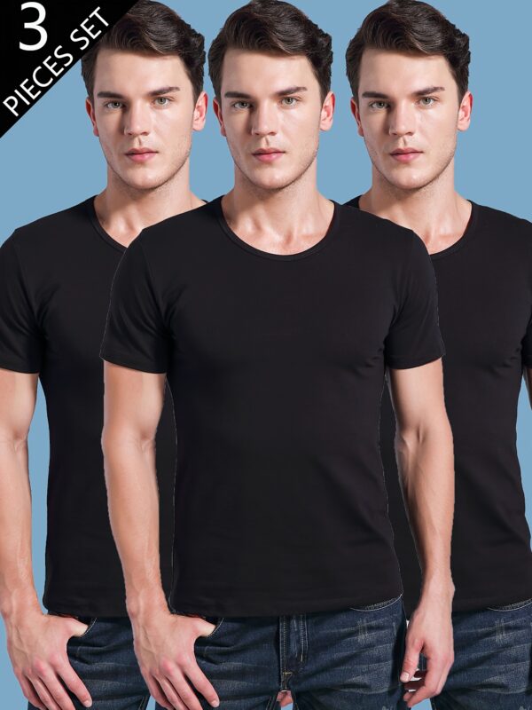 Three Men'S Short-Sleeve Solid Color T-Shirts in Black And White, Lightweight, Breathable, Comfortable for Sports And Casual Wear, Featuring a Round Neck And a Simple, Stylish Design.