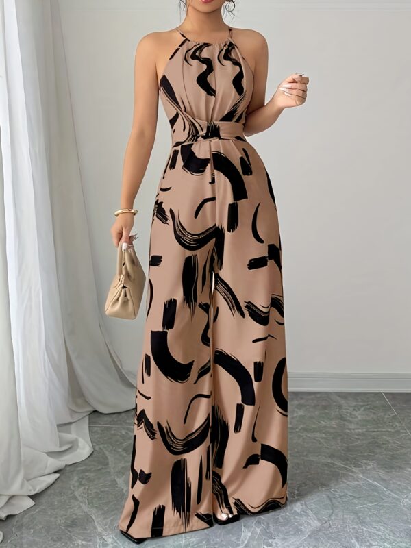 Women's Elegant Off-Shoulder Print Jumpsuit with Wide Legs and Tie Waist - Black & White Abstract Pattern, Polyester Fabric, Perfect for Vacation and Everyday Chic - Image 2