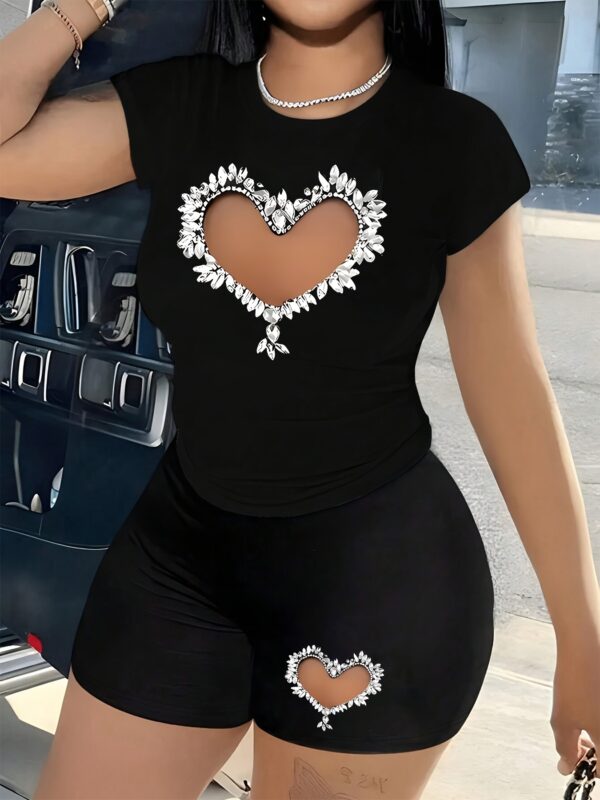 Women'S Plus Size Two-Piece Set - Casual Pink Short Sleeve T-Shirt & Black Shorts with Sparkling Heart Design, Geometric Pattern, All-Season Comfort, Casual Wear|Playful Print Top|Shorts - Image 8