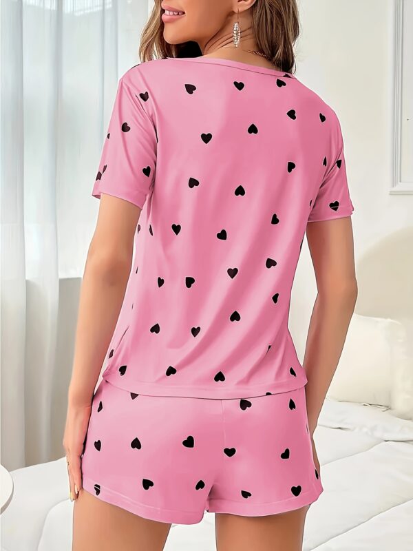 Women'S Elegant Pink Heart-Print Shorts Pajama Set - Polyester Knit Fabric, Short Sleeve Top & Shorts with Elastic Waistband, Perfect for All Seasons, Adult Sleepwear|Elegant Sleepwear|Polyester Fabric - Image 19