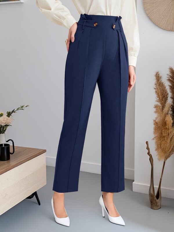 Women's Elegant Solid Color Straight-Leg Pants - Navy Blue Non-Stretch Trousers with Decorative Button Accents, All-Season Versatile Office & Casual Wear, Hand Wash/Dry Clean, Seasonal Versatility, Highwaisted Design, Smooth Fabric Finish, Workwear Essentials, Classic Style, Tailored Fit, Formal Bottoms, Adult Women - Image 5