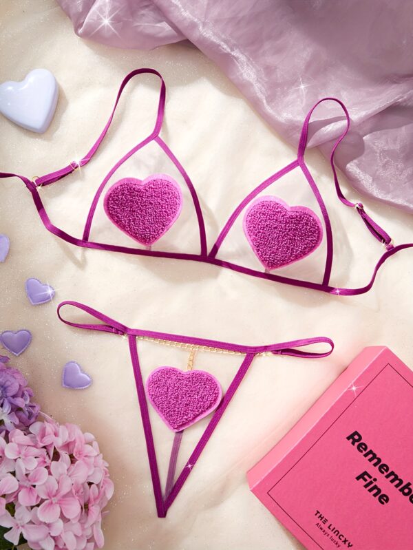 Mesh Heart Pattern Spaghetti Straps Lingerie Set, Intimates Bra & Thong, Women's Sexy Lingerie & Underwear - Image 5