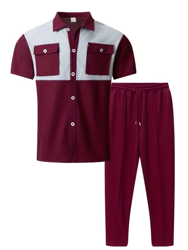 Men's Summer Two-Piece Set, Waffle Fabric Contrast Color with Pockets Short-Sleeved Shirt + Casual Trousers Suit, Leisure Light Business Vacation Daily Multiple Scenes - Image 6