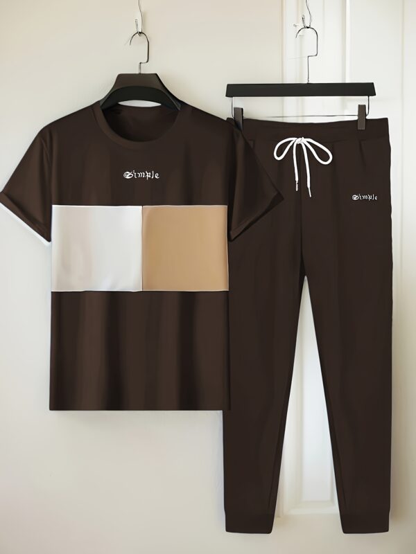 Men'S Casual Color-Blocked Short-Sleeve Round-Neck Loungewear Set with Long Pants - Image 7