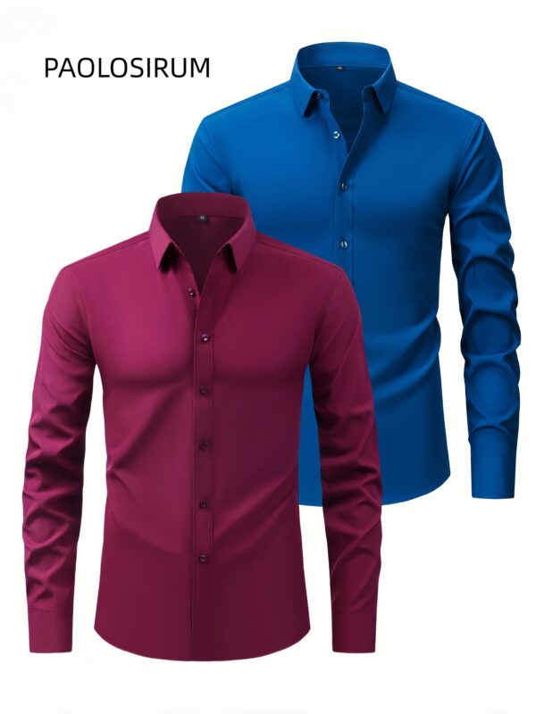 Two-Piece Set of Men'S Solid Color Elastic Shirts Ice Sliky Fiber Fabric Cool Shirts Breathable And Comfortable Business Casual Two-In-One Collar European And American Tops Men'S Clothing Multi-Color Optional Convenient Washing - Image 5