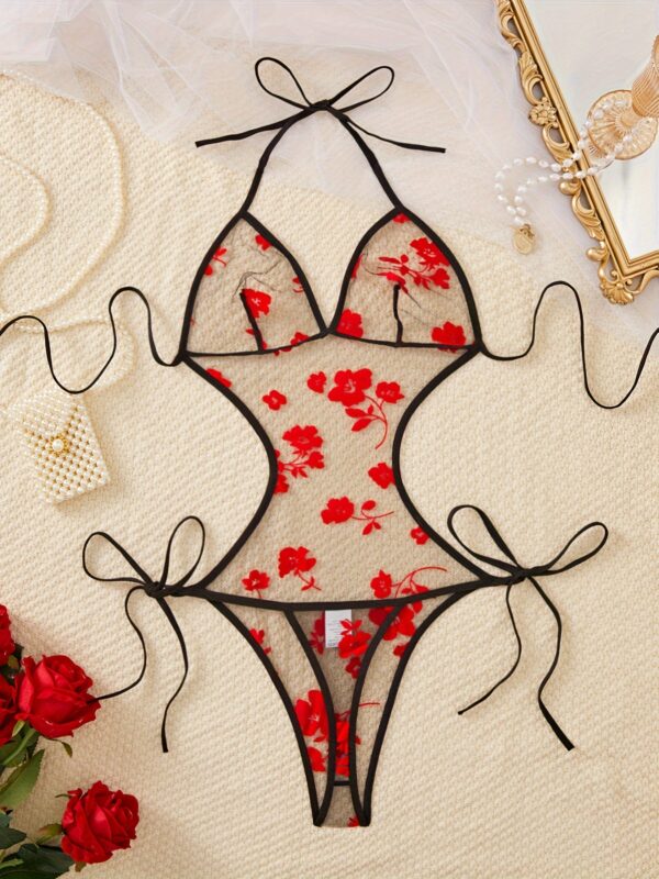 Women's Sexy Transparent Mesh Flocked Body Suit - Image 2