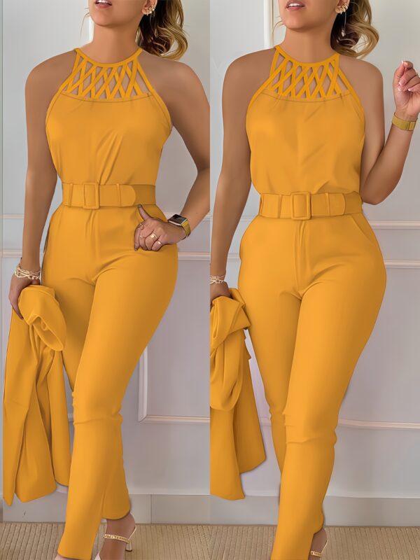 Women's Casual Elegant Set Solid Color Suspender Top and Solid Color Pants Two-piece Set with Belt