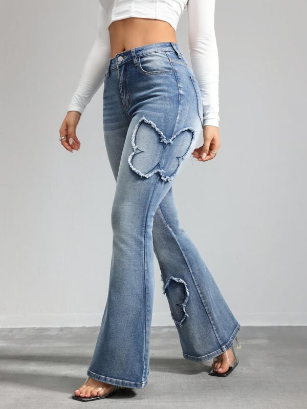 Women'S High-Waist Stretch Denim Jeans with Vintage Butterfly Embroidery - Casual Flared Leg, All-Season Wear, Geometric Pattern, Fashionable Retro Design - Image 5