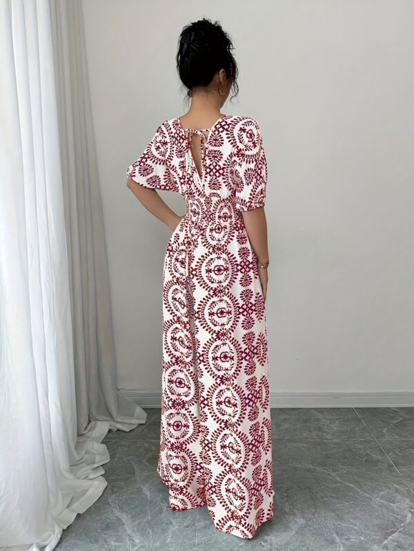 Women'S Bohemian Print V-Neck Jumpsuit with Tie Waist & Wide Legs - White & Brown Geometric Pattern, Short Sleeve, All-Season Vacation Style, Perfect for Casual or Stylish Outfits, Bohemian Dress - Image 7