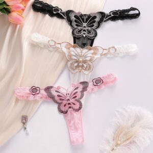 3pcs Women's Thong Underwear - Butterfly Embroidered Lace Trim, Semi-Sheer Contrast Trim, Low-Rise Breathable & Seamless Comfort, Sexy Elegant Design for Casual Attire, Cute Underwear, Feminine Lingerie, Decorative Embroidery, Intricate Detailing