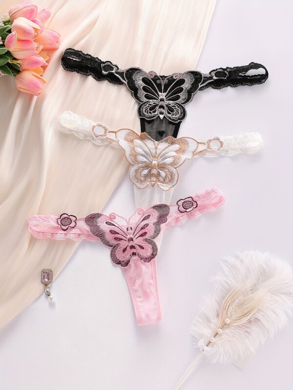 3pcs Women's Thong Underwear - Butterfly Embroidered Lace Trim, Semi-Sheer Contrast Trim, Low-Rise Breathable & Seamless Comfort, Sexy Elegant Design for Casual Attire, Cute Underwear, Feminine Lingerie, Decorative Embroidery, Intricate Detailing
