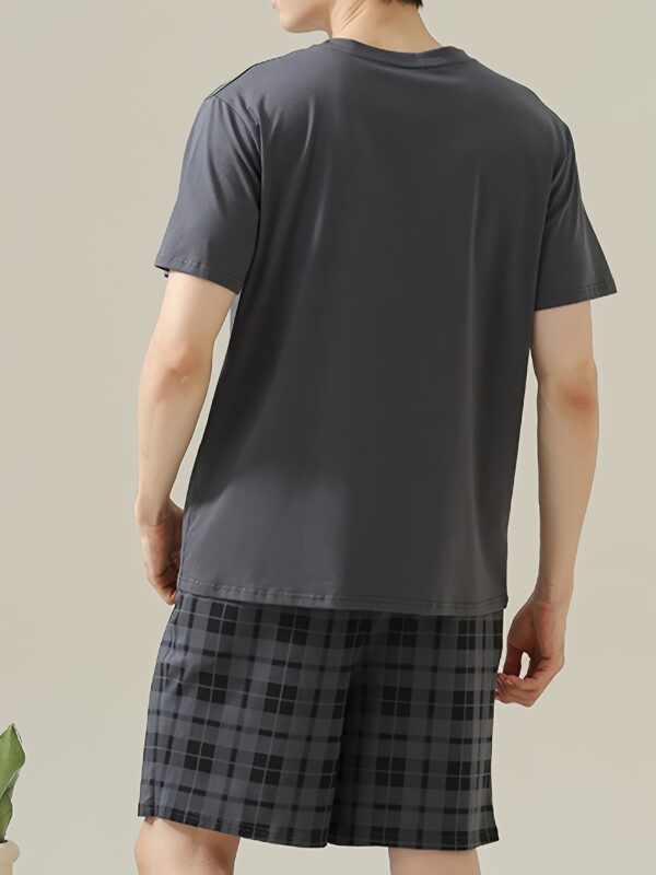 2pcs Men's high-end plaid pocket round neck short-sleeved and plaid shorts pajama set, comfortable and Light Beige-friendly, suitable for Men's casual home - Image 6