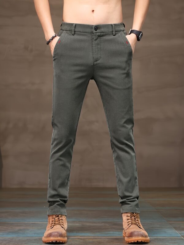 Men'S Olive Green Slim Fit Casual Pants - Stretchy Woven Fabric, Mid Waist, Skinny Jeans for Casual Attire, Casual Attire Pants|Slim Fit Jeans|Stretchy Material - Image 6