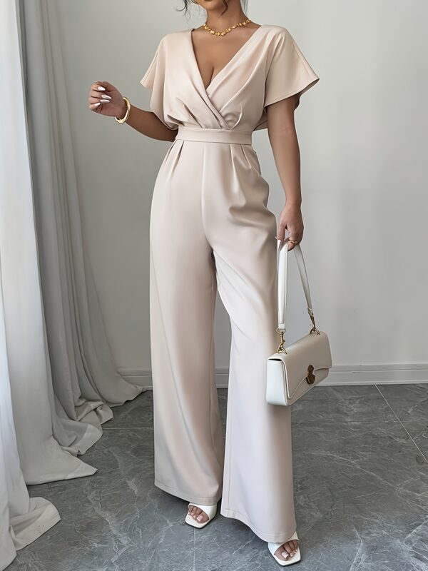 Women's Summer Solid Color Short Sleeve Casual Elegant Waist-Cinched Jumpsuit - Image 3