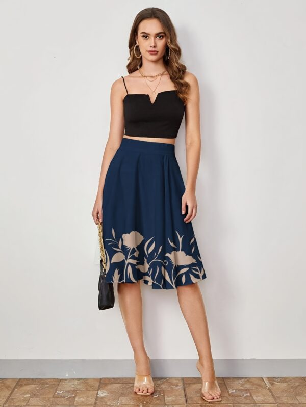 Women's Elegant Floral Print A-Line Skirt - Dark Blue with Beige & White Flowers, High Waist, Machine Washable, Spring/Summer/Fall Fashion, Comfortable Waistband | Flowing Skirt Style | Comfortable Fit Skirt - Image 5