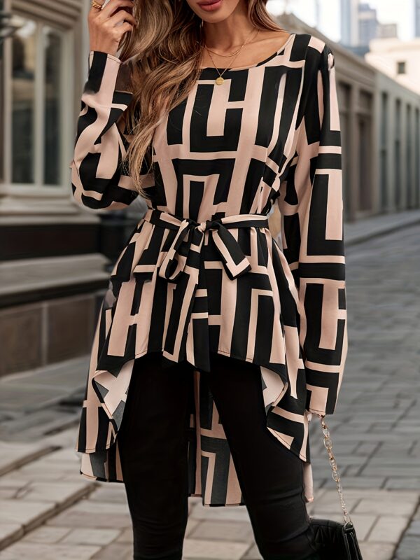 Elegant Women'S Geometric Print Long Sleeve Blouse with Tie-Waist Detail - Front Short, Back Long Design, Black & White, Perfect for Spring/Summer, Casual to Formal Wear, Casual Wear Blouse | Geometric Print Top | Polyester Fabric