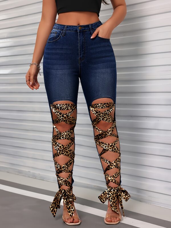 Leopard Print Lace-Up Skinny Jeans - High Waist, Stretch Denim with Cut-Out Detail, Machine Washable, Kiki Angel