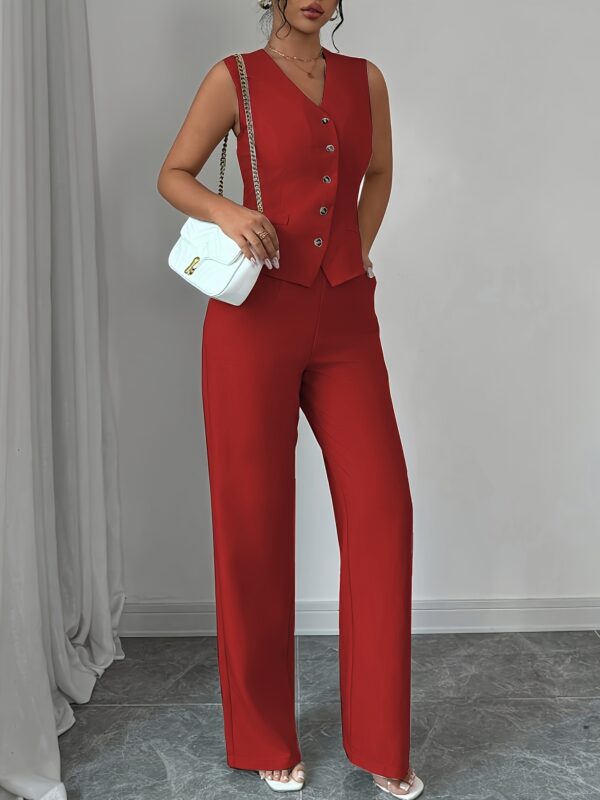 Women'S Elegant Sleeveless V-Neck Waist Tie Front Vest and Straight Leg Pants Set - Solid Color, High-Waisted Wide-Leg Pants with Button Details, Perfect for Spring/Summer Commute or Casual Outings, Versatile Fashion | Sleek Modern Look | Button Detailing - Image 9