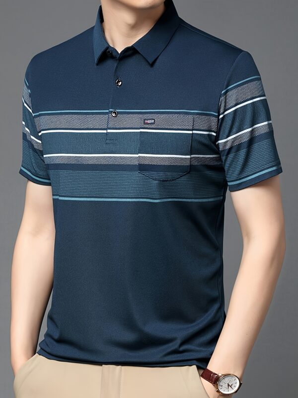 3pcs Men'S Summer Stripe Polo Shirts - Breathable Knit Fabric, Casual Short Sleeve Tees with Button Details, Sporty Dad Style for Business & Leisure - Image 6