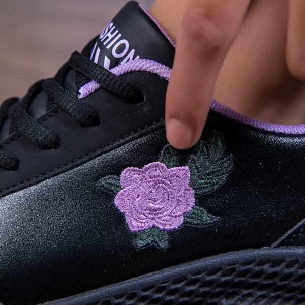Women'S Black Sneakers with Pink Rose Embroidery - Lightweight, Soft Sole, Comfortable Lace-Up Low Top Sneakers, All-Season Outdoor Shoes, Stabilizing Support, Microfiber Leather Upper, EVA Sole, Fabric Lining, Allseason Sneakers | Rose Embroidery Sneakers | Comfortable Footwear - Image 10