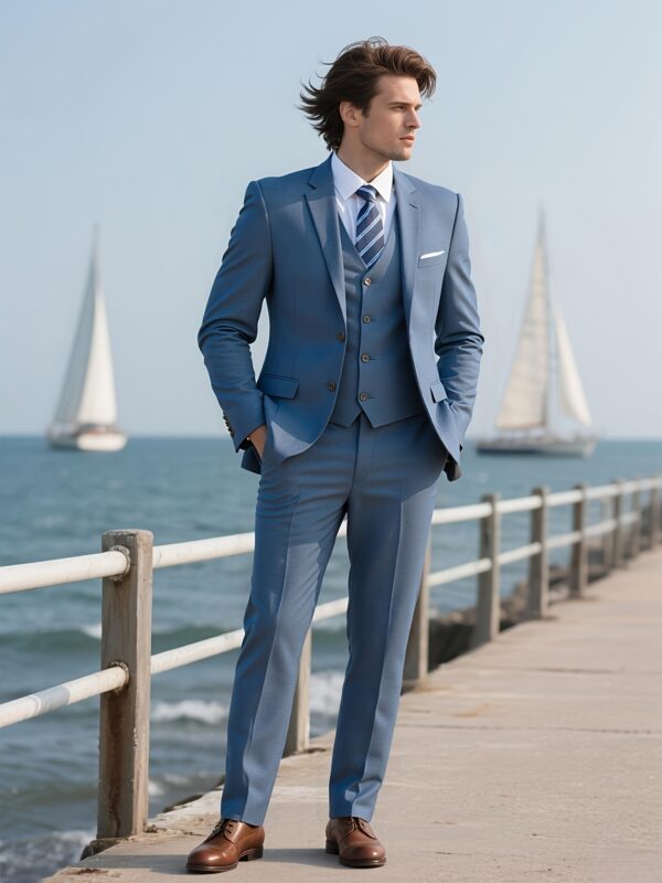 Men'S Navy Blue Three-Piece Suit with Brown Jacket, White Shirt, and Brown Dress Pants - Stylish Casual Attire for All Seasons, Casual Attire|Casual Style|Button Detail - Image 10